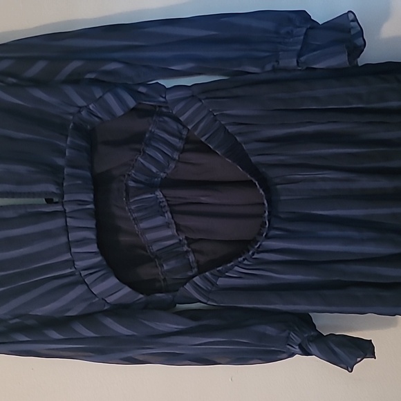 ASOS Curve Maternity Sz 12 Navy Satin Chiffon Sheer Striped Ruffles Midi Dress - Picture 9 of 16